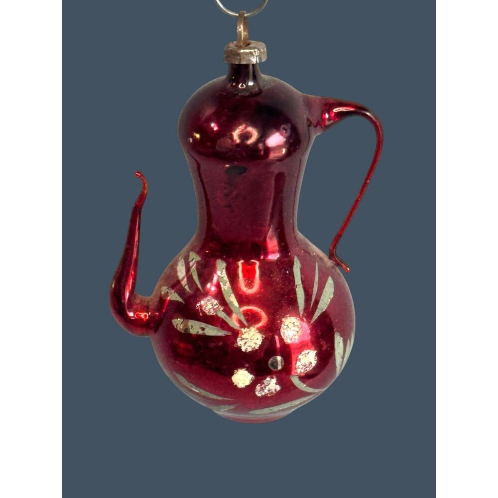 Antique Red Glass Pitcher Ornament Silver Mica Floral Applied Handle 3" - Picture 2 of 7